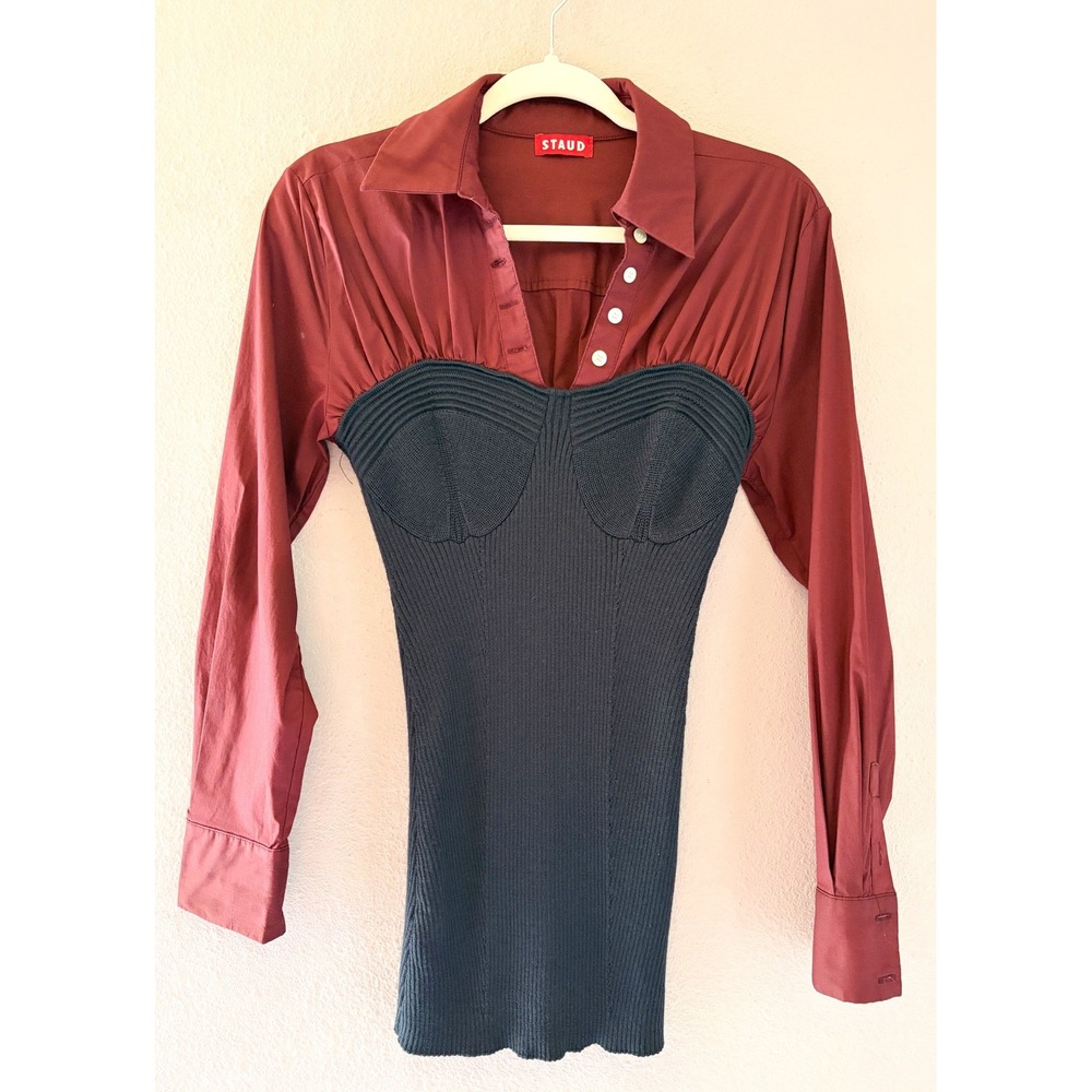 STAUD Hazel Mixed Media Bustier Long Sleeve Top Workwear Preppy Chic